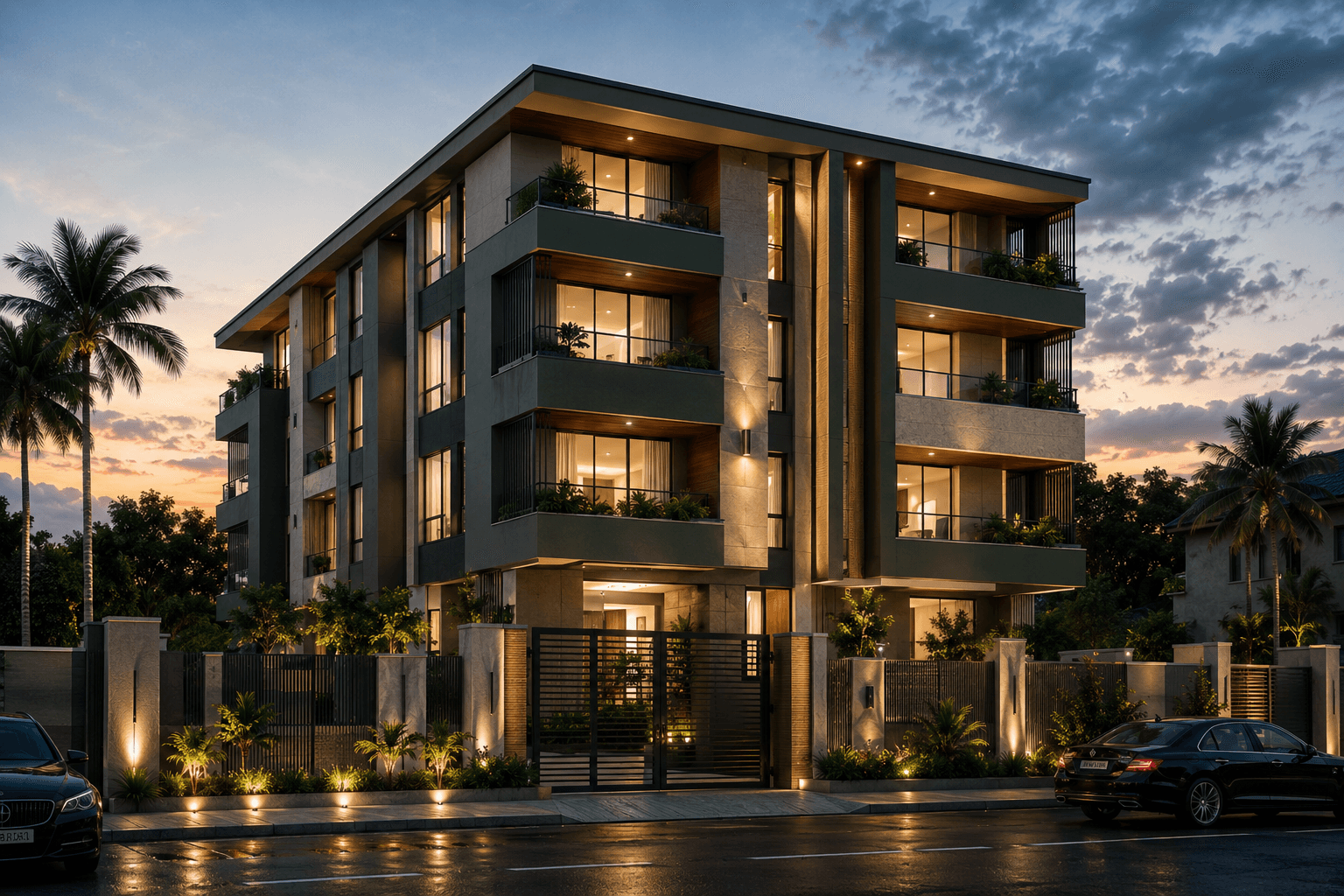 Vertex front elevation at dusk