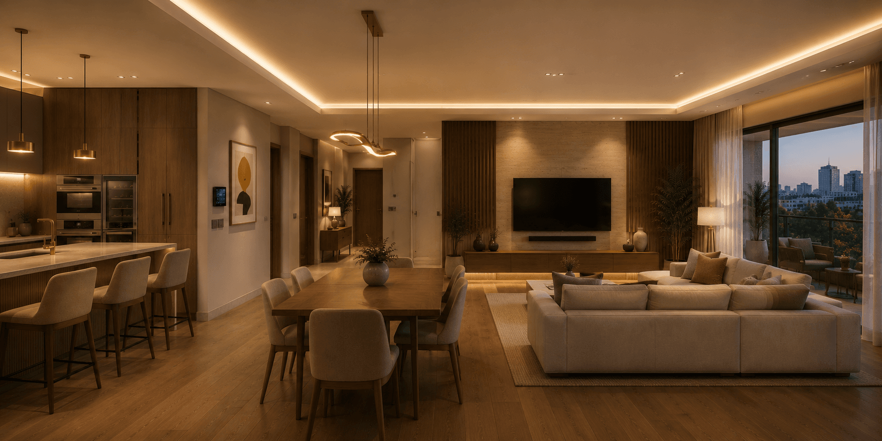 Living and dining at night