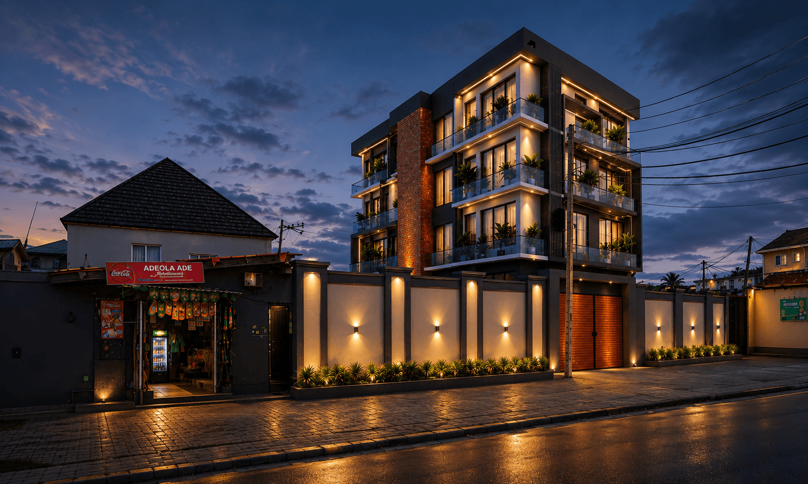 Facade at night, Oshin Street